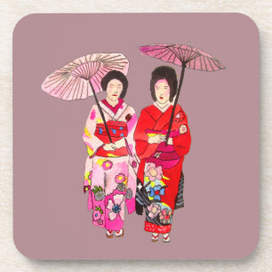Dessous-de-verre Geisha mignon japonais avec le kimono rose