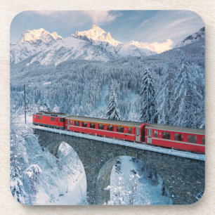 Dessous-de-verre Glace et neige Train Express Red Bernina Suisse