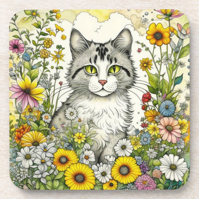 Dessous-de-verre Gray Kitty Chat assis en Fleurs (Devant)