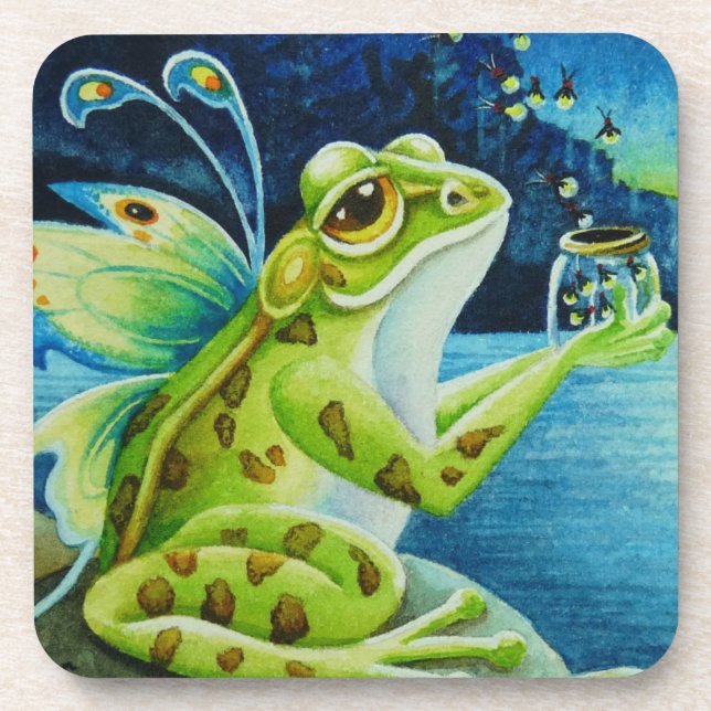Dessous-de-verre Grenouille et lucioles de fée de Whimsical Aquarel (Devant)