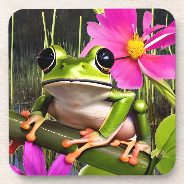 Dessous-de-verre Grenouille mûre sur branche de fleurs roses (Devant)