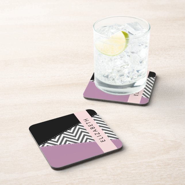 Dessous-de-verre Grey Zigzag, Grey Chevron, Purple, Votre Nom (Côté Droit)