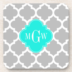 Dessous-de-verre Gris Blanc Marocain #5 Brt Aqua 3 Monogramme initi