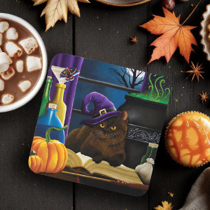 Dessous-de-verre Halloween sorcière chat violet magie