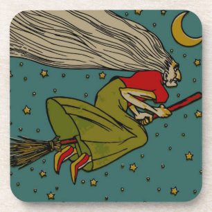 Dessous-de-verre Halloween vintage, sorcière maléfique volant sur u