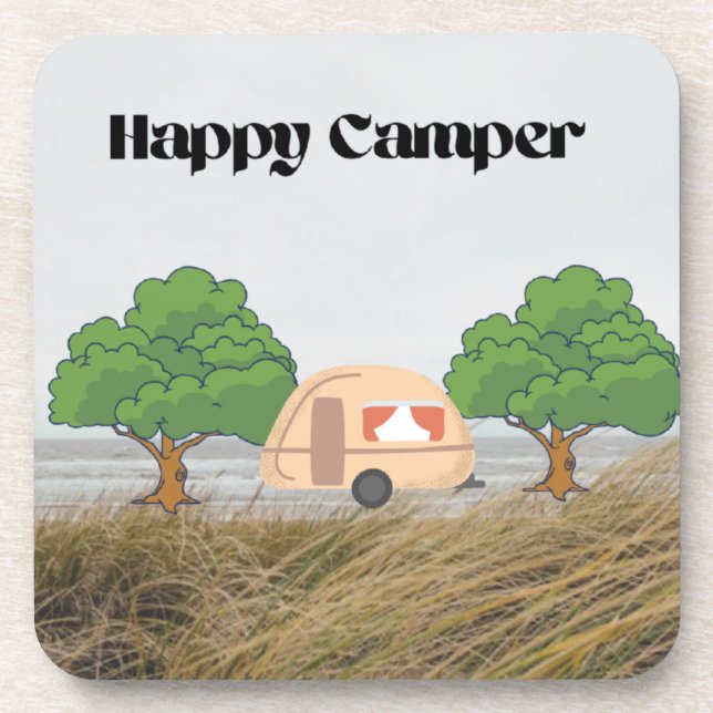 Dessous-de-verre Happy Camper avec Camper et Arbres sur un (Devant)