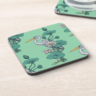 Dessous-de-verre Héron dans le jardin de lotus blanc sur jade