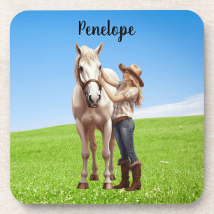 Dessous-de-verre Horse Girl Horseback équitation Meadow Personnalis
