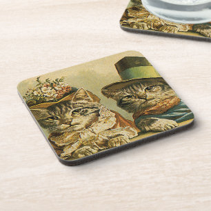 Dessous-de-verre Humour Rétro, Chat marié et femme en chapeaux à l'