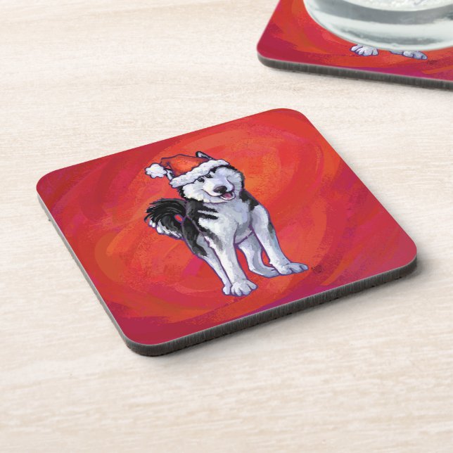 Dessous-de-verre Husky à Santa Hat Sur Rouge (Côté gauche)