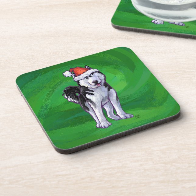 Dessous-de-verre Husky festif à Santa Hat sur Vert (Côté gauche)