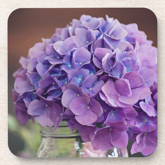Dessous-de-verre Hydrangée violette dans Mason Jar Nature Photo (Devant)