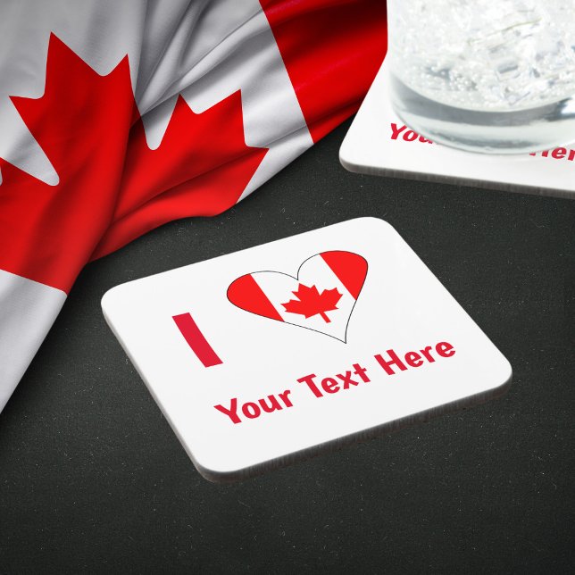 Dessous-de-verre I (Coeur du drapeau canadien) Votre texte rouge (Hard plastic coaster with heart shaped Canadian flag used to read I LOVE YOUR YEXT HERE.)