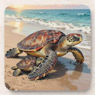 Dessous-de-verre Illustration de tortue marine et bébé sur la plage