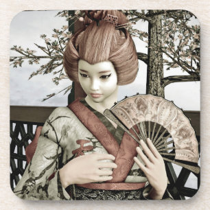 Dessous-de-verre Illustration vintage d'un éventail de geisha en ki
