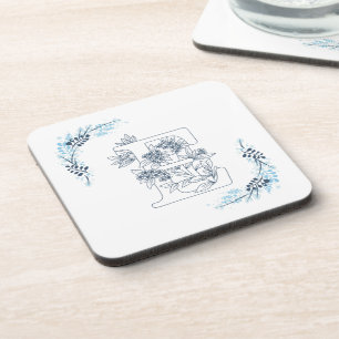 Dessous-de-verre Initiale "E" Monogramme bleu Calme Floral