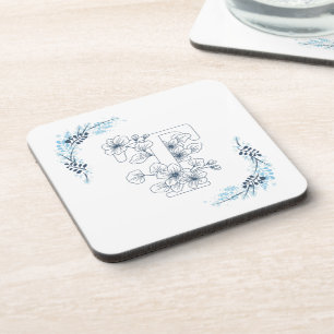 Dessous-de-verre Initiale "T" Monogramme bleu Calme Floral
