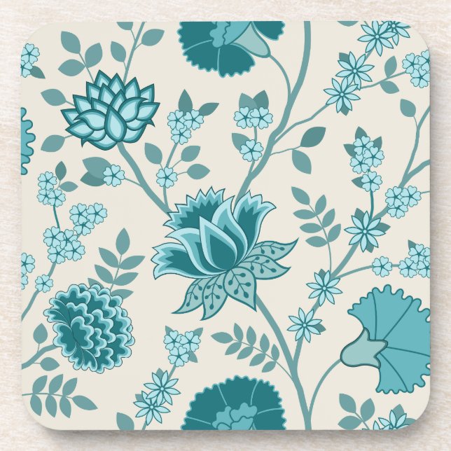 Dessous-de-verre Jacobean Floral Lg Motif Teals sur Crème (Devant)
