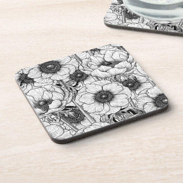 Dessous-de-verre Jardin d'anémones en noir et blanc (Côté gauche)