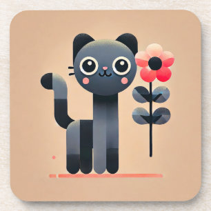 Dessous-de-verre Joli chat de dessin animé tenant une fleur