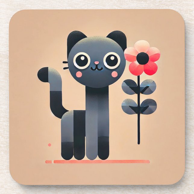 Dessous-de-verre Joli chat de dessin animé tenant une fleur (Devant)