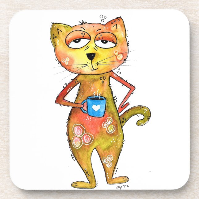 Dessous-de-verre Joli Chat Fantaisiste Fatigué Buvant du Café (Devant)