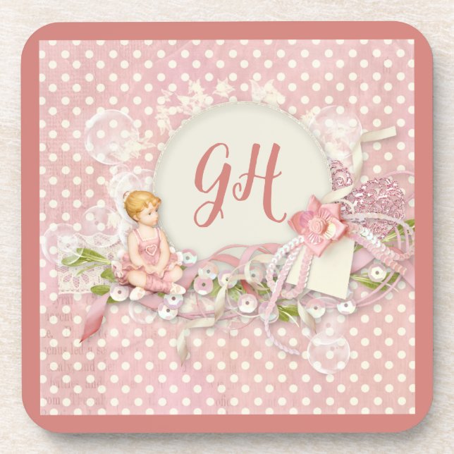 Dessous-de-verre Jolie et jolie Pois rose fille Monogramme (Devant)