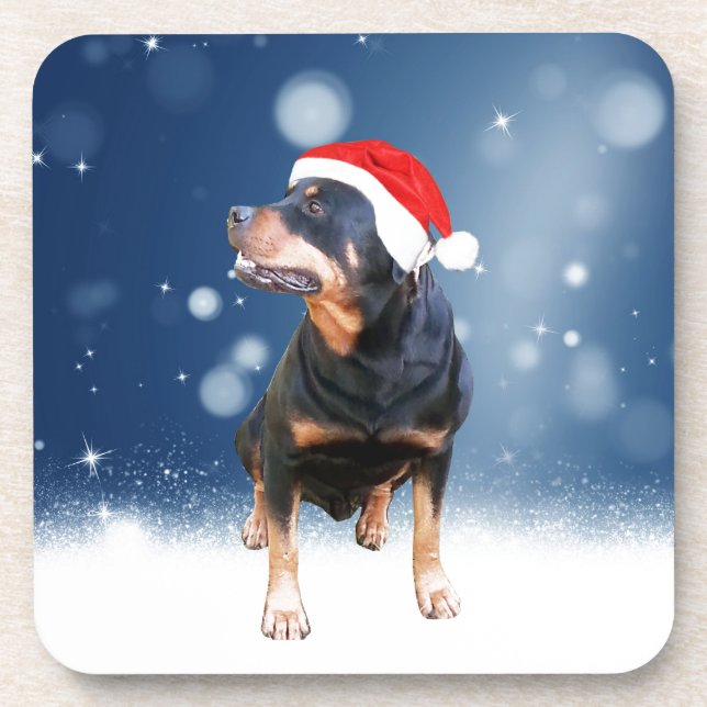 Dessous-de-verre Jote Rottweiler Chien Noël Santa Hat Étoiles de ne (Devant)