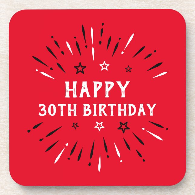 Dessous-de-verre Joyeux 30e Anniversaire Feux d'Artifice Rouge Noir (Devant)