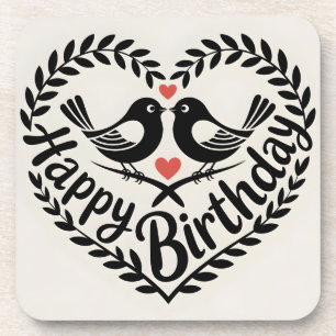 Dessous-de-verre Joyeux Anniversaire Cœur avec Graphique d'Oiseaux 