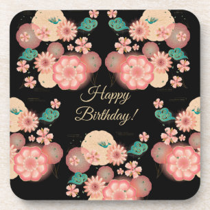 Dessous-de-verre Joyeux anniversaire - jardin de fleurs de pêche de