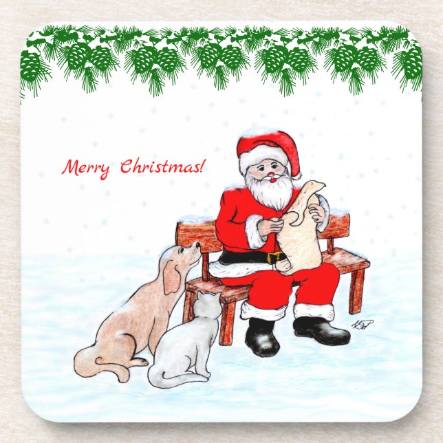 Dessous-de-verre Joyeux Noël - Père Noël avec chat et chien (Devant)