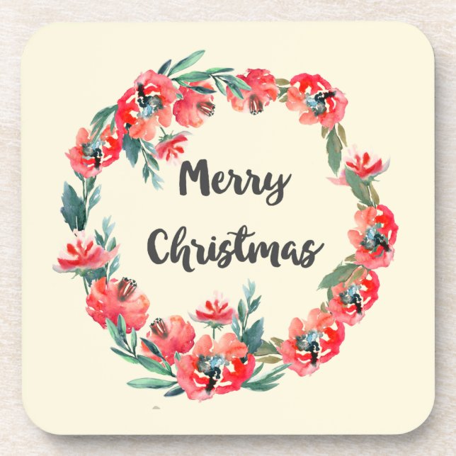 Dessous-de-verre Joyeux Noël Rouge Floral Aquarelle Wreath (Devant)