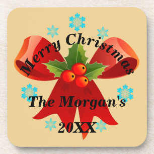 Dessous-de-verre Joyeux Noël Rouge Ruban Holly Leaf