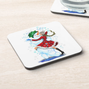 Dessous-de-verre Joyeux Snowman et Fille Dance Tango fête de Noël