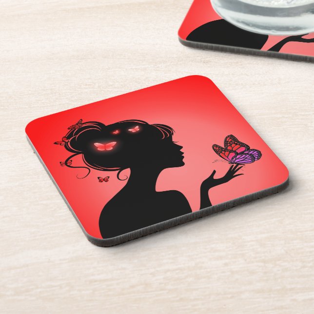 Dessous-de-verre La femme papillons rouges (Côté gauche)