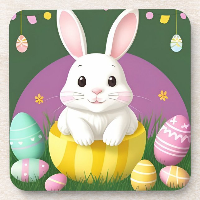 Dessous-de-verre Lapin de Pâques mignon avec des œufs décoratifs (Devant)