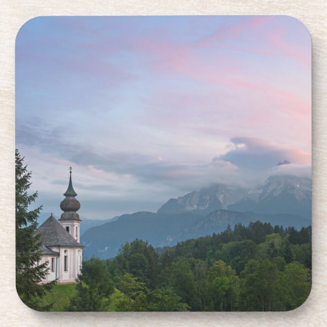 Dessous-de-verre L'église avec les Alpes au coucher du soleil (Devant)