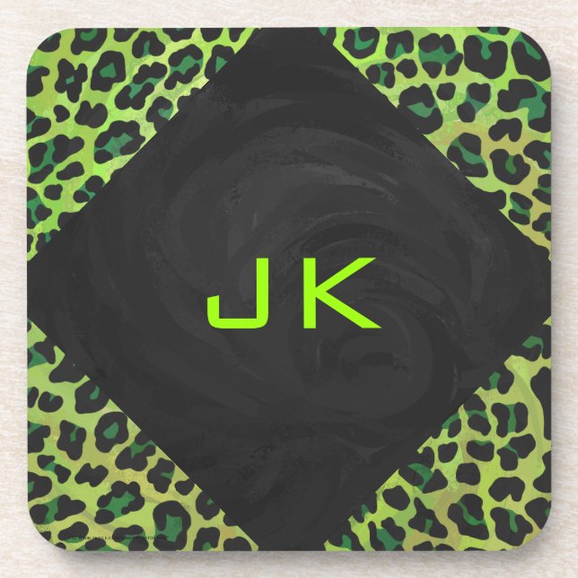 Dessous-de-verre Léopard noir et vert avec Monogramme (Devant)