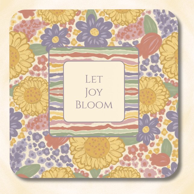 Dessous-de-verre Let Joy Bloom Coaster Set – Editable Text (Let Joy Bloom Coaster Set – Personalized Inspirational Quote – Custom Floral Striped Drink Coasters)