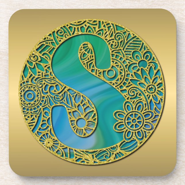 Dessous-de-verre Lettre d'or initiale et turquoise du Monogramme mo (Devant)