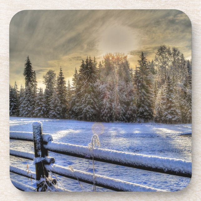 Dessous-de-verre Lever de soleil sur un pâturage d'hiver en neige (Devant)