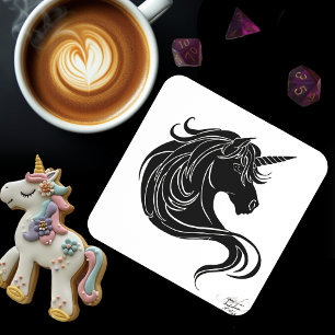 Dessous-de-verre Licorne Tribale Noire Fantastique Minimaliste Blan
