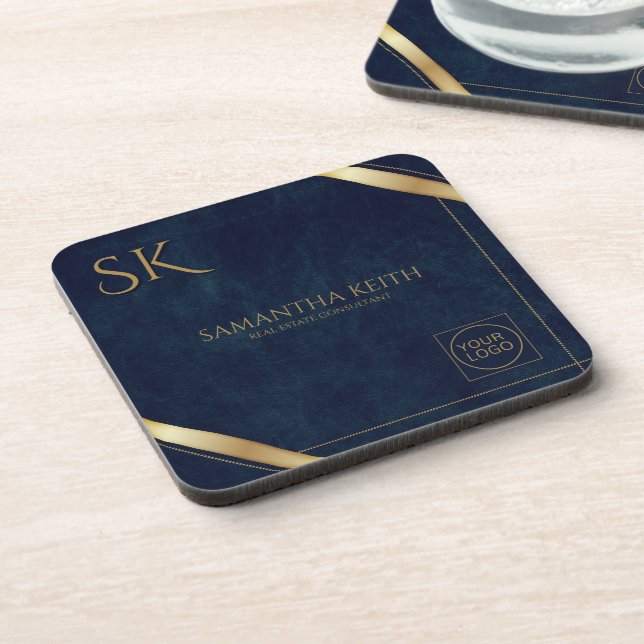 Dessous-de-verre Logo de l'entreprise Luxury Navy Leather 2025 Cust (Côté gauche)