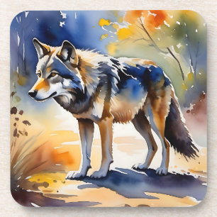 Dessous-de-verre Loup dans une aquarelle de forêt