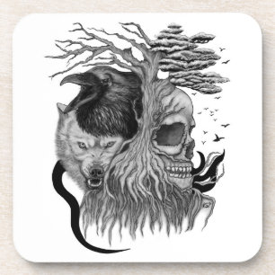 Dessous-de-verre Loup et corbeau avec crâne