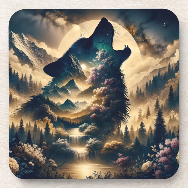 Dessous-de-verre Loup hurlant sur la lune une nuit nuageuse (Devant)