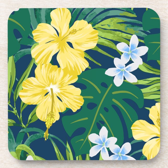 Dessous-de-verre Luna Hibiscus Garden Hawaiian - Jaune et Marine (Devant)