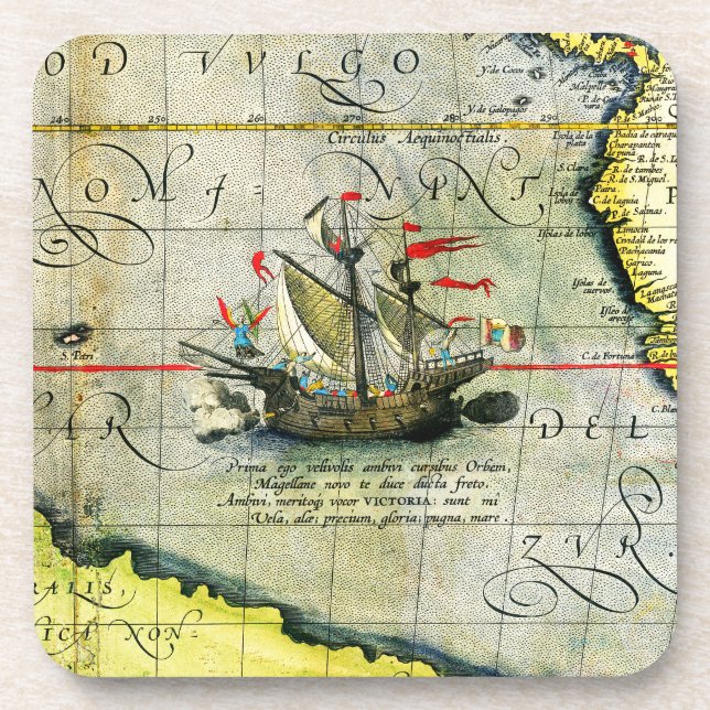 Dessous-de-verre Magellans navire Victoria, Antique Carte Océan Pac (Devant)
