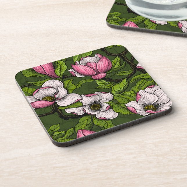 Dessous-de-verre Magnolia en floraison sur vert foncé (Côté gauche)